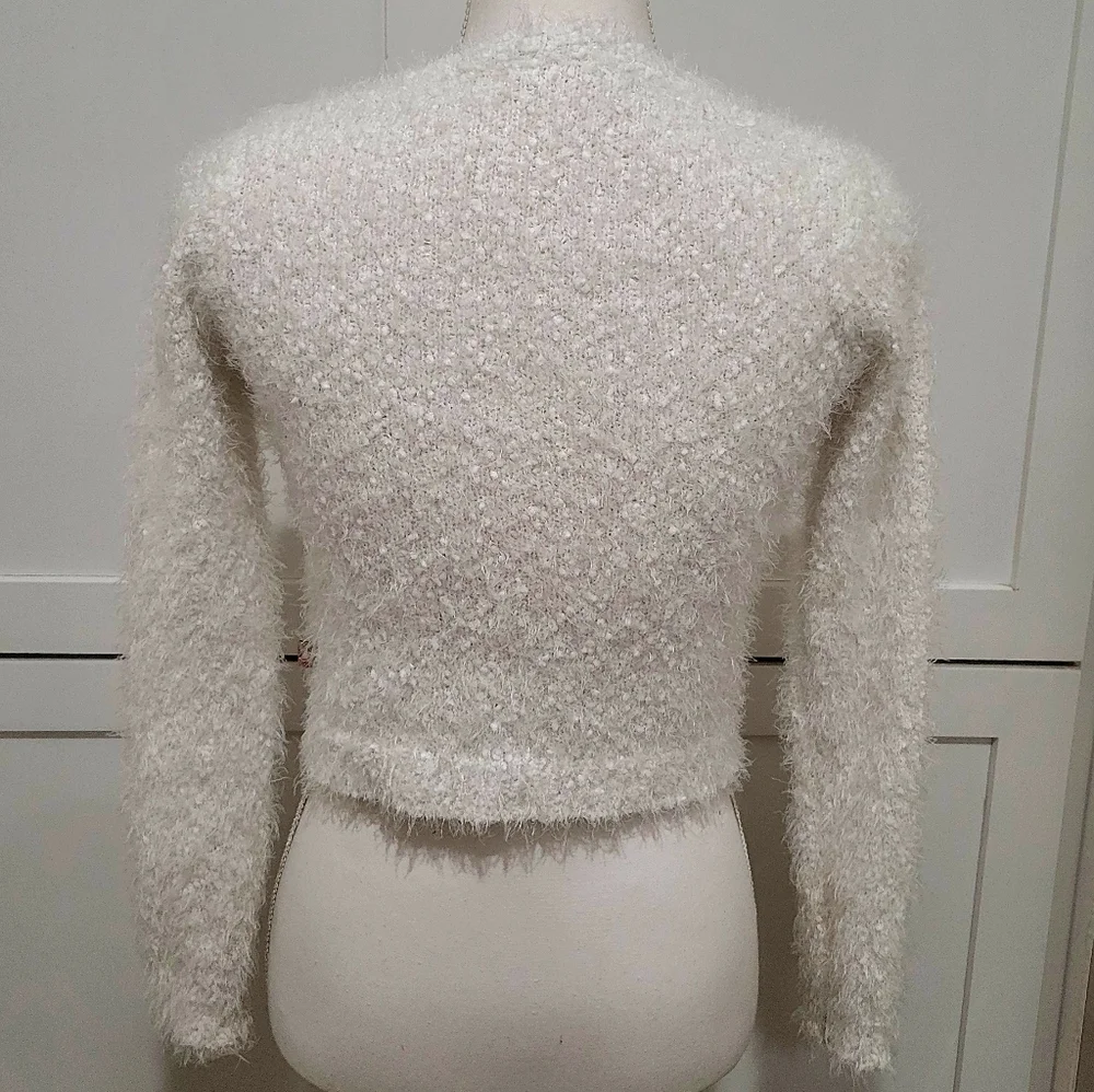 Billieblush White Fuzzy Knit Cardigan Sweater with Sequin Heart | Size 10